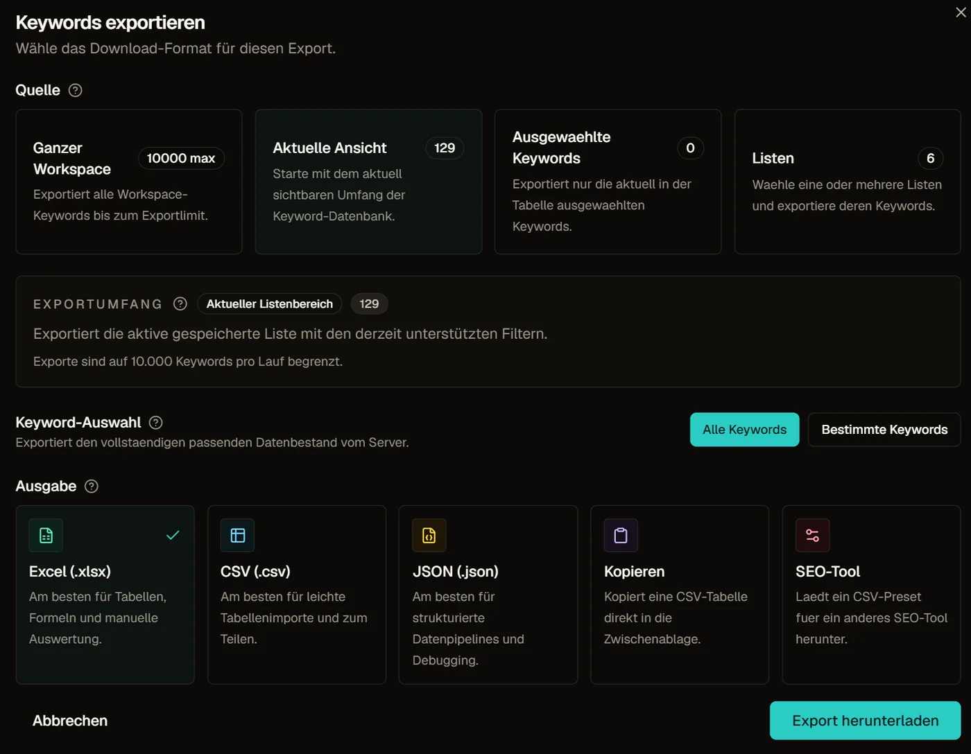 Contextter Export-Dialog für Keyword-Daten als Excel, CSV, JSON, Kopie oder SEO-Tool-Export